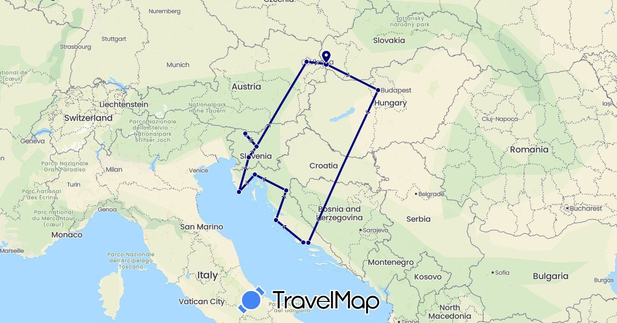 TravelMap itinerary: driving in Austria, Croatia, Hungary, Slovenia, Slovakia (Europe)